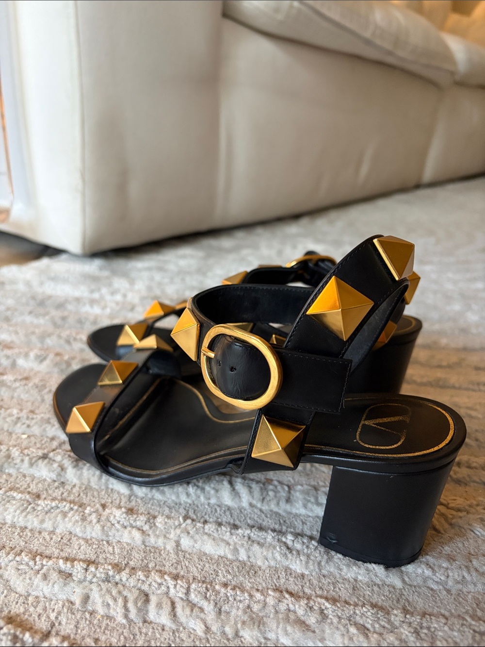Valentino Black Leather Block Heel Sandals with Gold Pyramid Studs - Picture 2 of 5